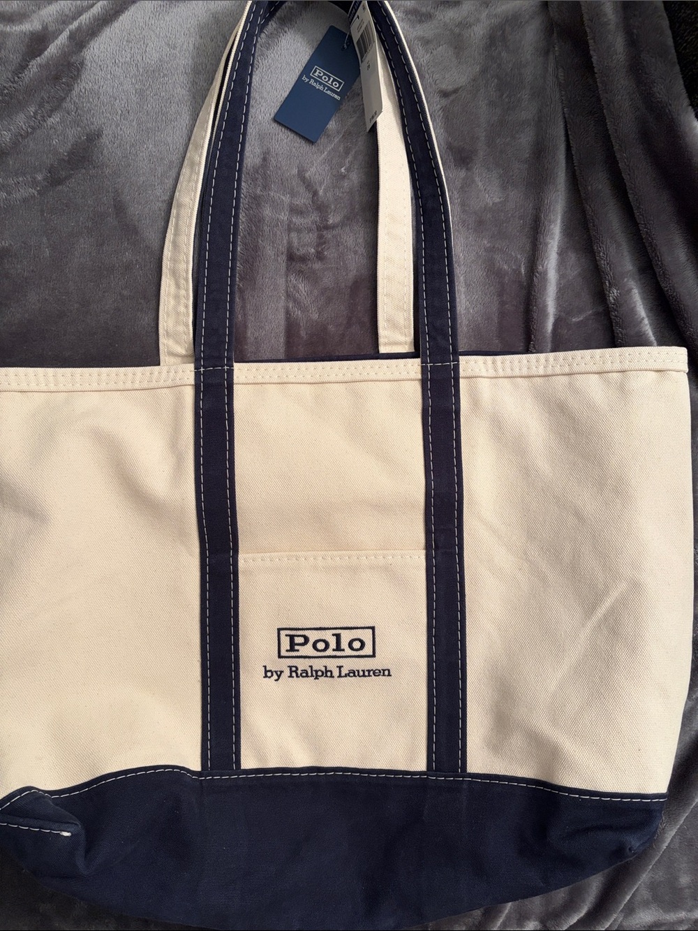 Polo by Ralph Lauren Cream and Navy Canvas Tote Bag